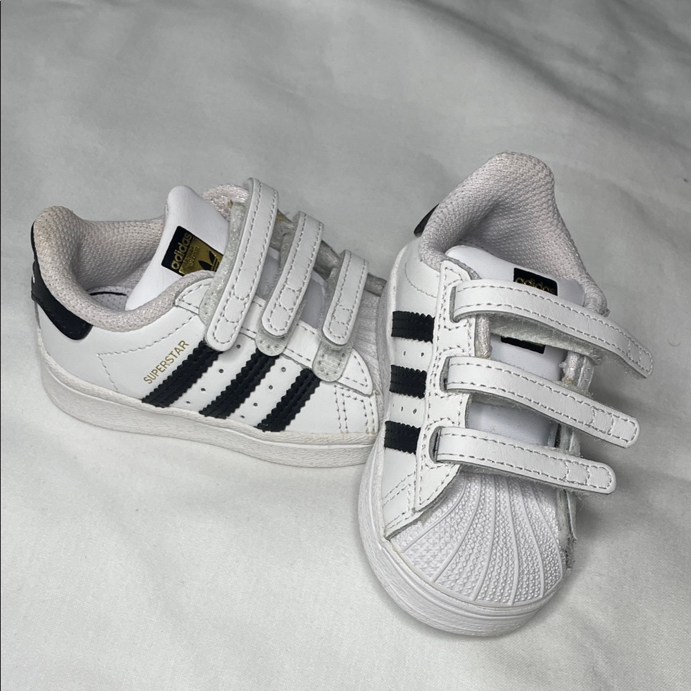 adidas White and Black Kids Superstar Sneakers with Velcro Straps